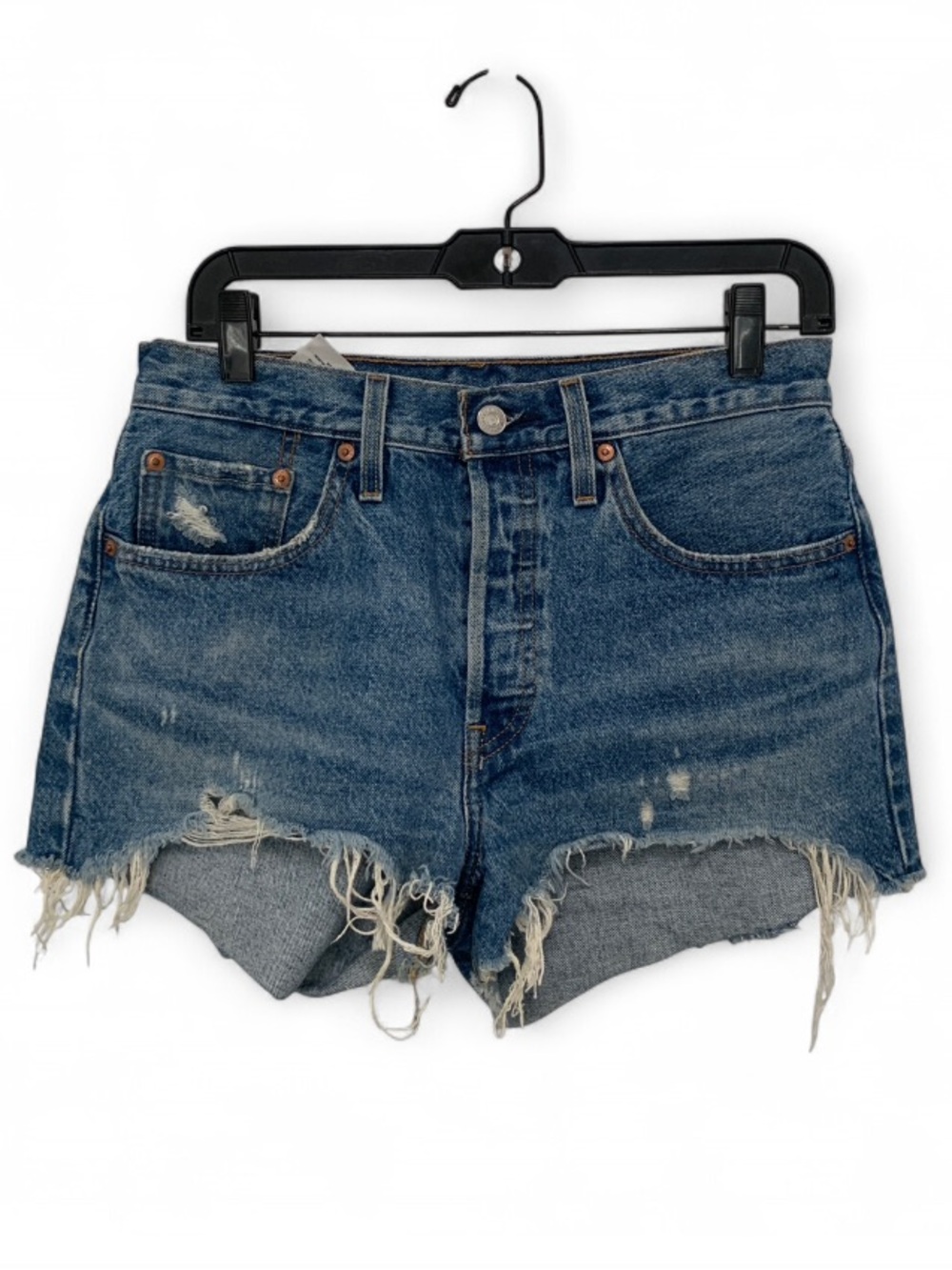 Levi’s 501 Premium High-Rise Distressed Blue Denim Frayed Hems Button Fly Shorts